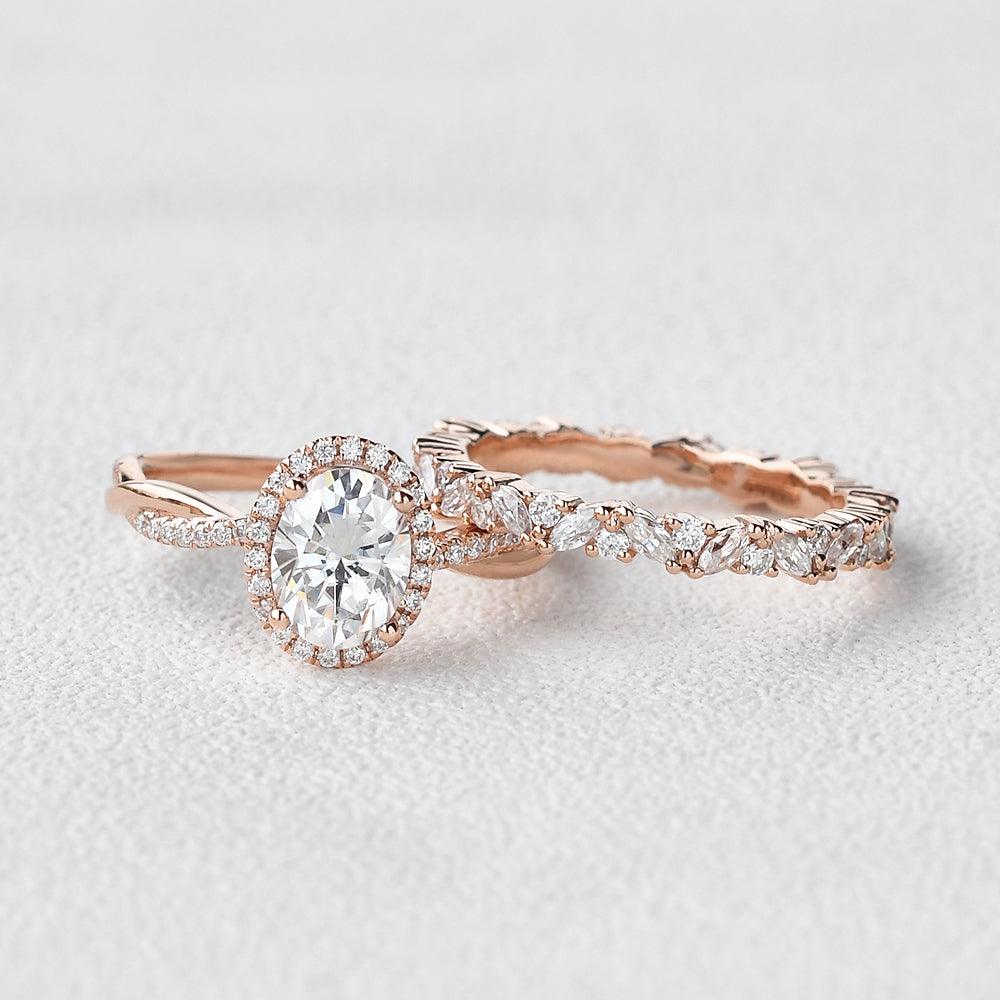 Oval 1.5ct Moissanite Halo Ring Set 2pcs - Felicegals
