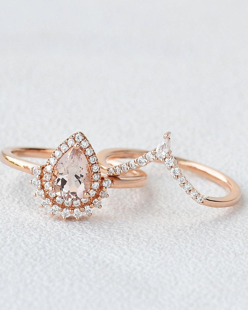 Peachy Morganite Rose Gold Ring Set 2pcs - Felicegals
