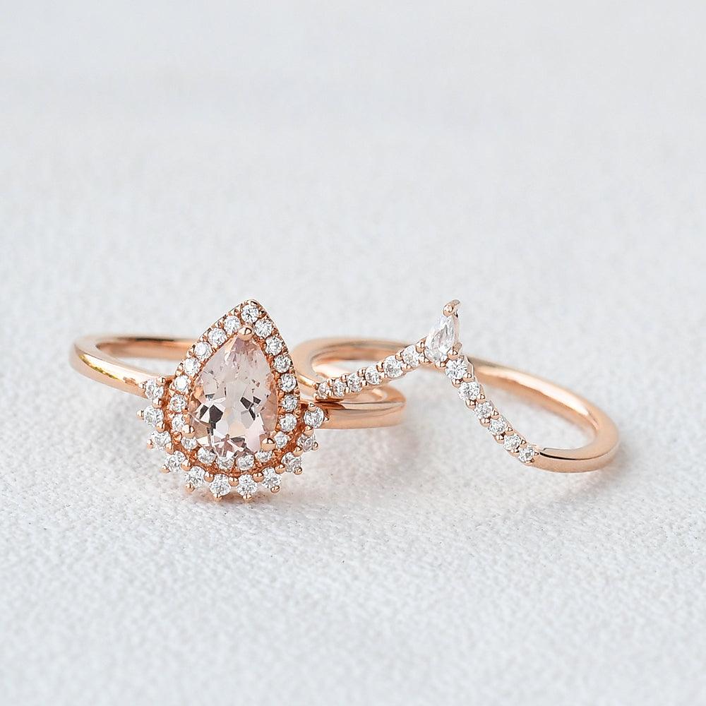 Peachy Morganite Rose Gold Ring Set 2pcs - Felicegals