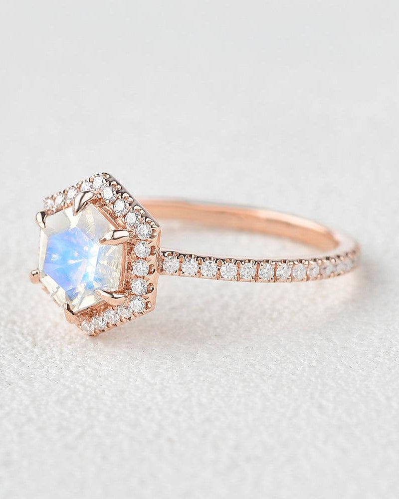 Hexagon Moonstone & Moissantie Halo Ring - Felicegals