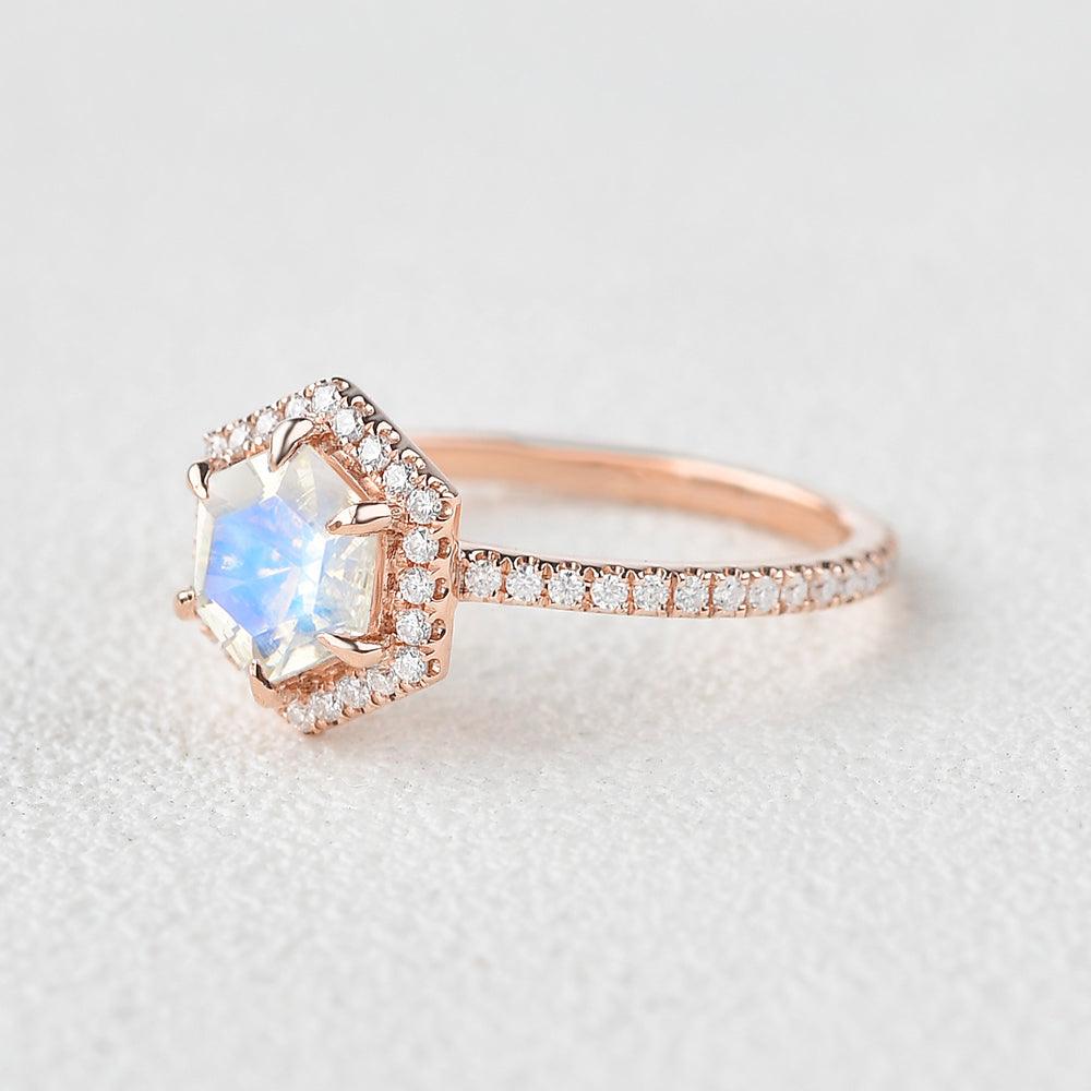 Hexagon Moonstone & Moissantie Halo Ring - Felicegals