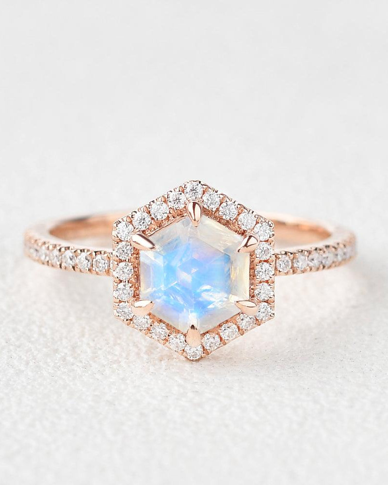 Hexagon Moonstone & Moissantie Halo Ring - Felicegals
