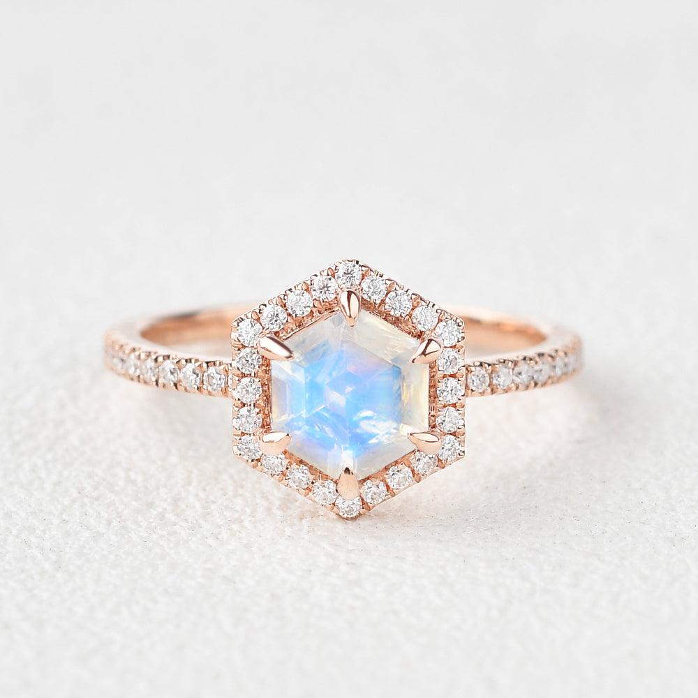 Hexagon Moonstone & Moissantie Halo Ring - Felicegals
