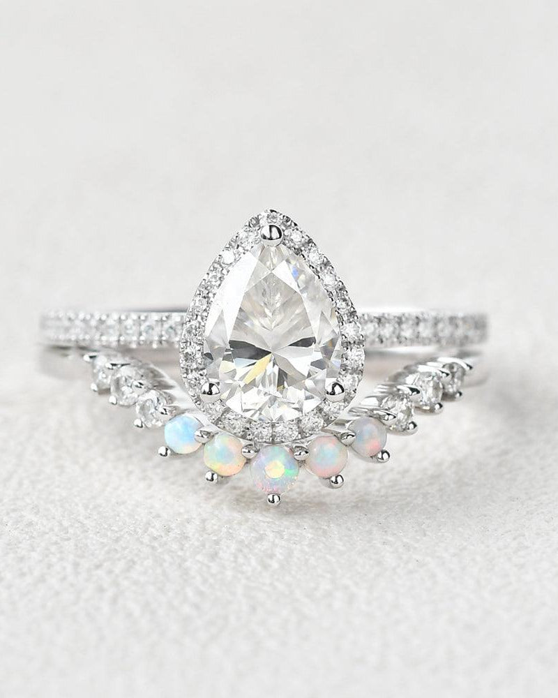 Pear Shaped Moissanite & Opal White Gold Ring Set 2pcs - Felicegals 丨Wedding ring 丨Fashion ring 丨Diamond ring 丨Gemstone ring--Felicegals