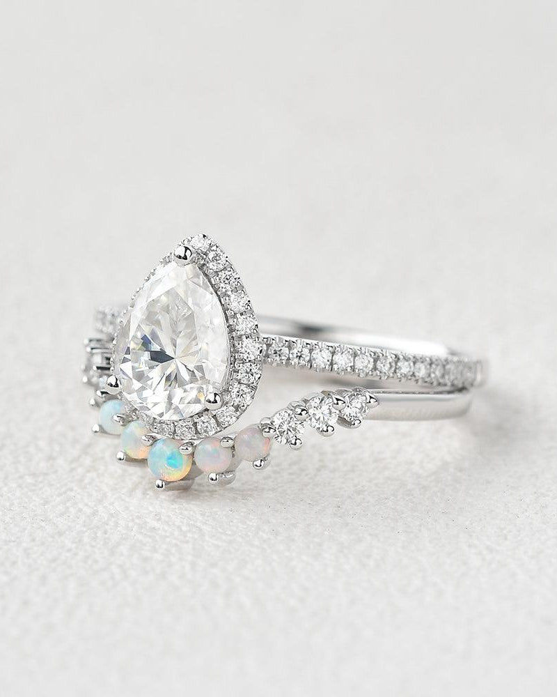 Pear Shaped Moissanite & Opal White Gold Ring Set 2pcs - Felicegals 丨Wedding ring 丨Fashion ring 丨Diamond ring 丨Gemstone ring--Felicegals