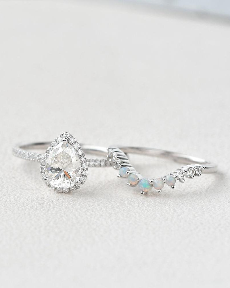 Pear Shaped Moissanite & Opal White Gold Ring Set 2pcs - Felicegals 丨Wedding ring 丨Fashion ring 丨Diamond ring 丨Gemstone ring--Felicegals