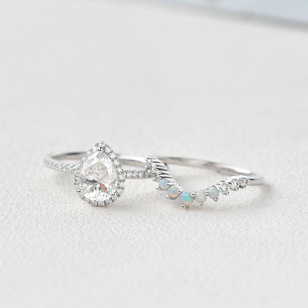 Pear Shaped Moissanite & Opal White Gold Ring Set 2pcs - Felicegals 丨Wedding ring 丨Fashion ring 丨Diamond ring 丨Gemstone ring--Felicegals