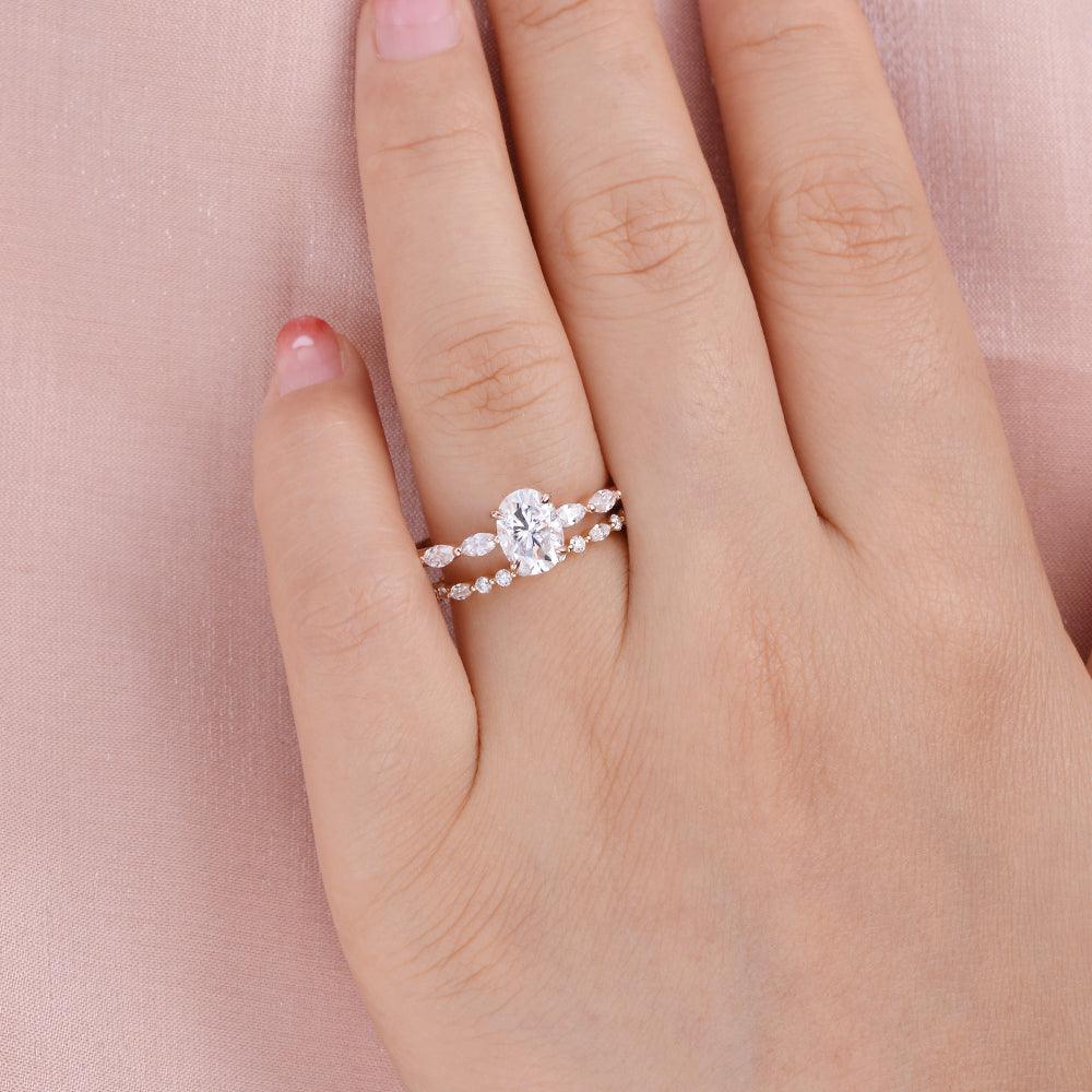 1.5ct Oval Cut Moissanite Vintage Inspired Rose Gold Ring Set 2pcs - Felicegals 丨Wedding ring 丨Fashion ring 丨Diamond ring 丨Gemstone ring--Felicegals 丨Wedding ring 丨Fashion ring 丨Diamond ring 丨Gemstone ring