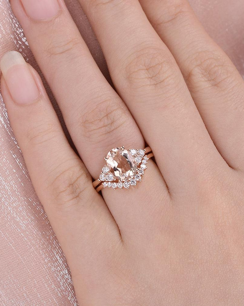 3ct Morganite Oval Classic Rose Gold Ring Set 2PCS - Felicegals