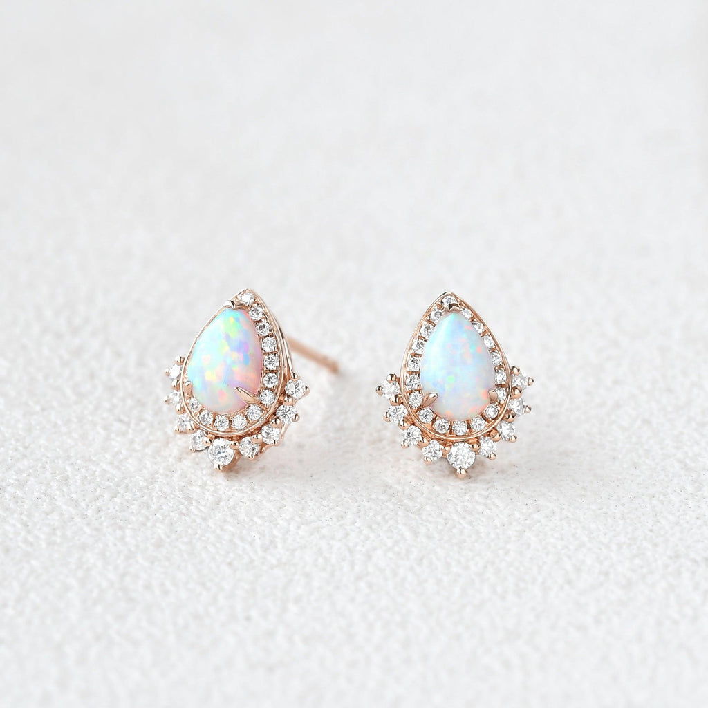 Felicegals Lab Opal Vintage Halo Earrings - Felicegals 丨Wedding ring 丨Fashion ring 丨Diamond ring 丨Gemstone ring--Felicegals 丨Wedding ring 丨Fashion ring 丨Diamond ring 丨Gemstone ring
