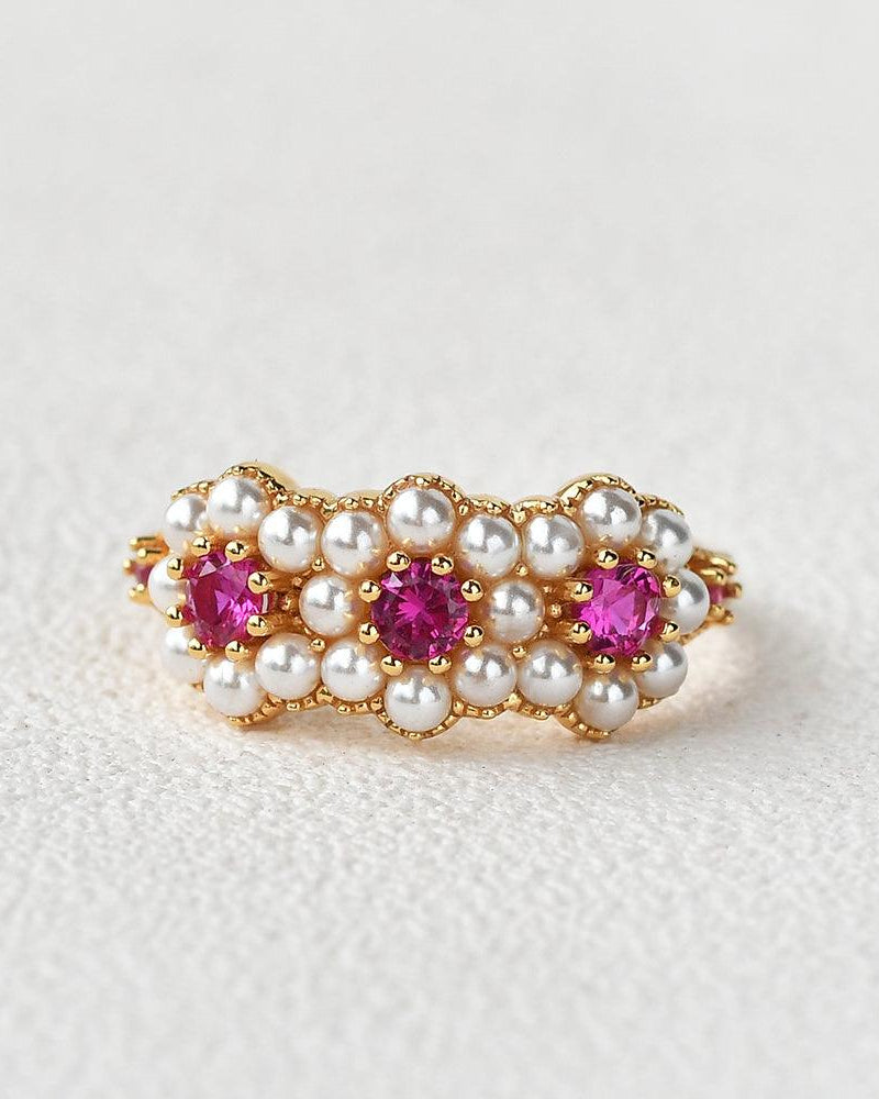 Lab Ruby & Pearl Vintage Yellow Ring - Felicegals 丨Wedding ring 丨Fashion ring 丨Diamond ring 丨Gemstone ring--Felicegals