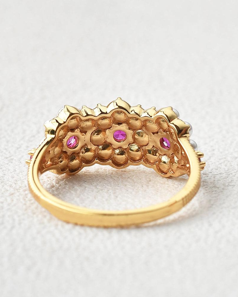 Lab Ruby & Pearl Vintage Yellow Ring - Felicegals 丨Wedding ring 丨Fashion ring 丨Diamond ring 丨Gemstone ring--Felicegals
