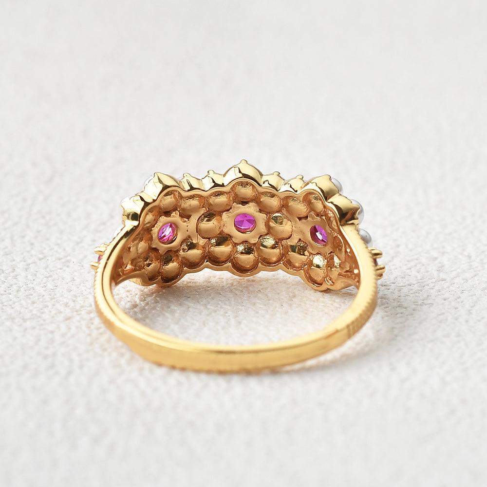 Lab Ruby & Pearl Vintage Yellow Ring - Felicegals 丨Wedding ring 丨Fashion ring 丨Diamond ring 丨Gemstone ring--Felicegals