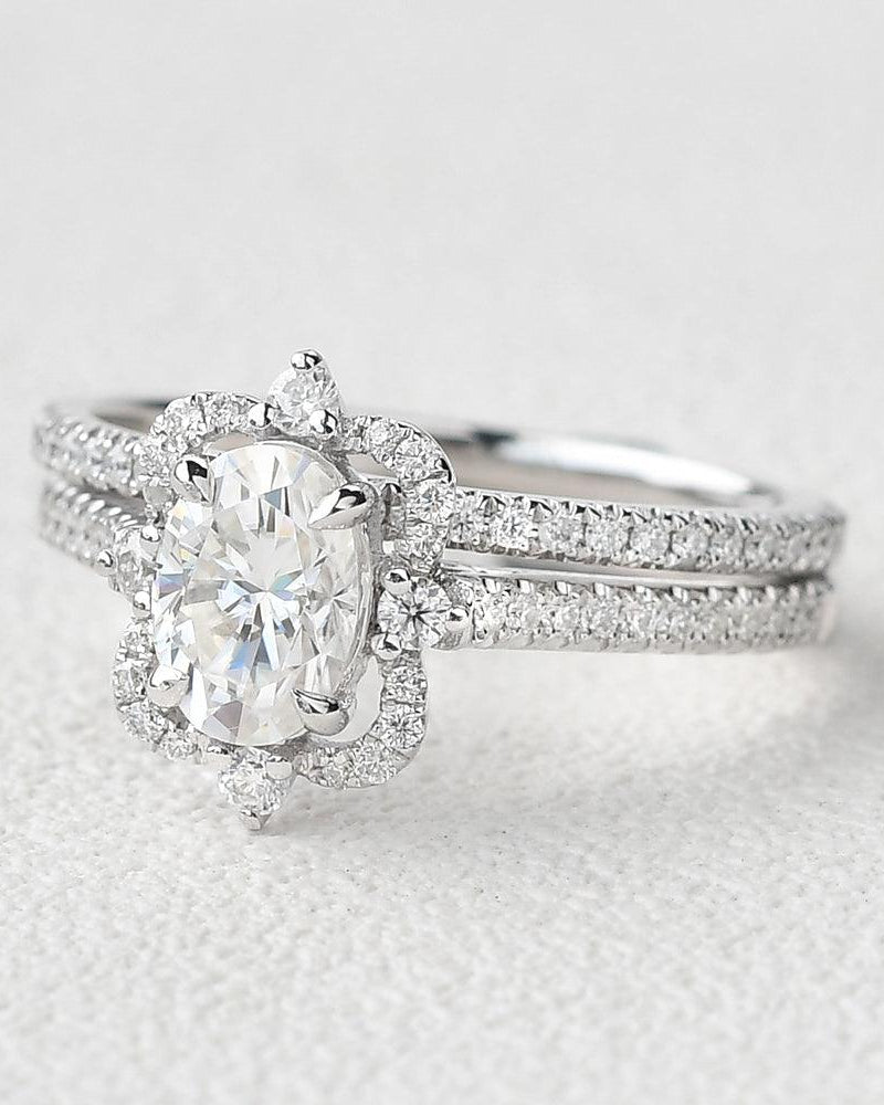 1ct Moissanite White Gold Antique Ring Set 2pcs - Felicegals