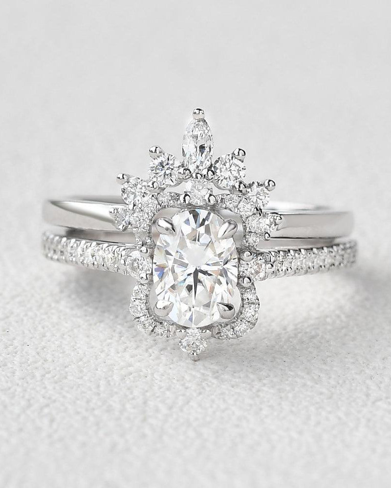 Art Deco 1ct Oval Moissanite Ring Set 2pcs - Felicegals