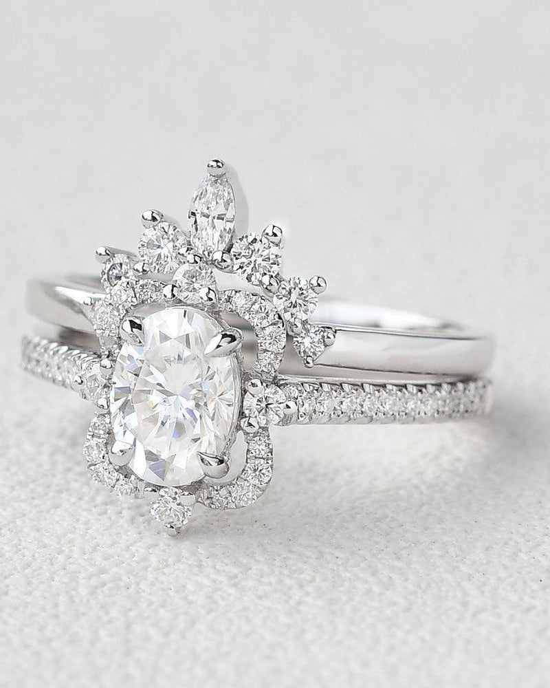 Art Deco 1ct Oval Moissanite Ring Set 2pcs - Felicegals