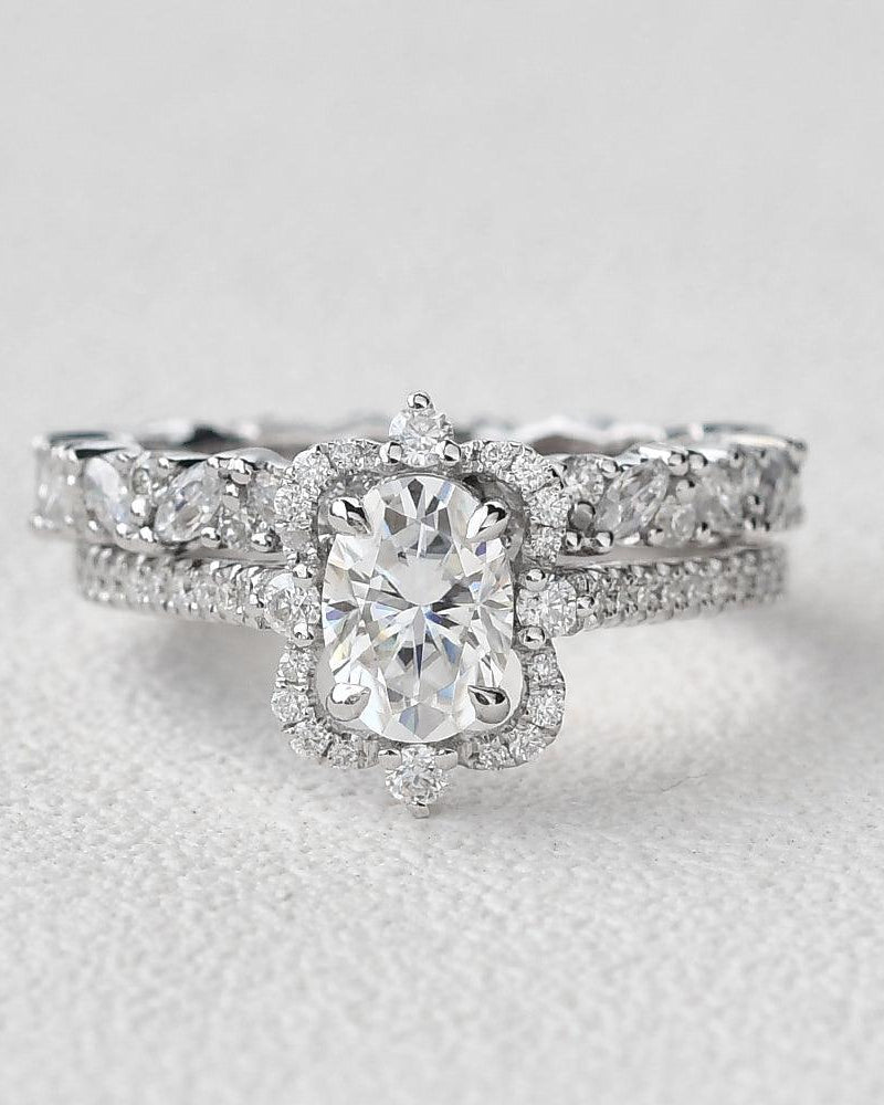 Oval Moissanite White Gold Antique Ring Set 2pcs - Felicegals