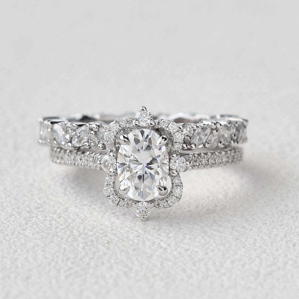 Oval Moissanite White Gold Antique Ring Set 2pcs - Felicegals