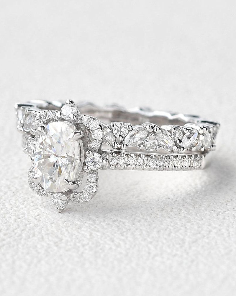 Oval Moissanite White Gold Antique Ring Set 2pcs - Felicegals