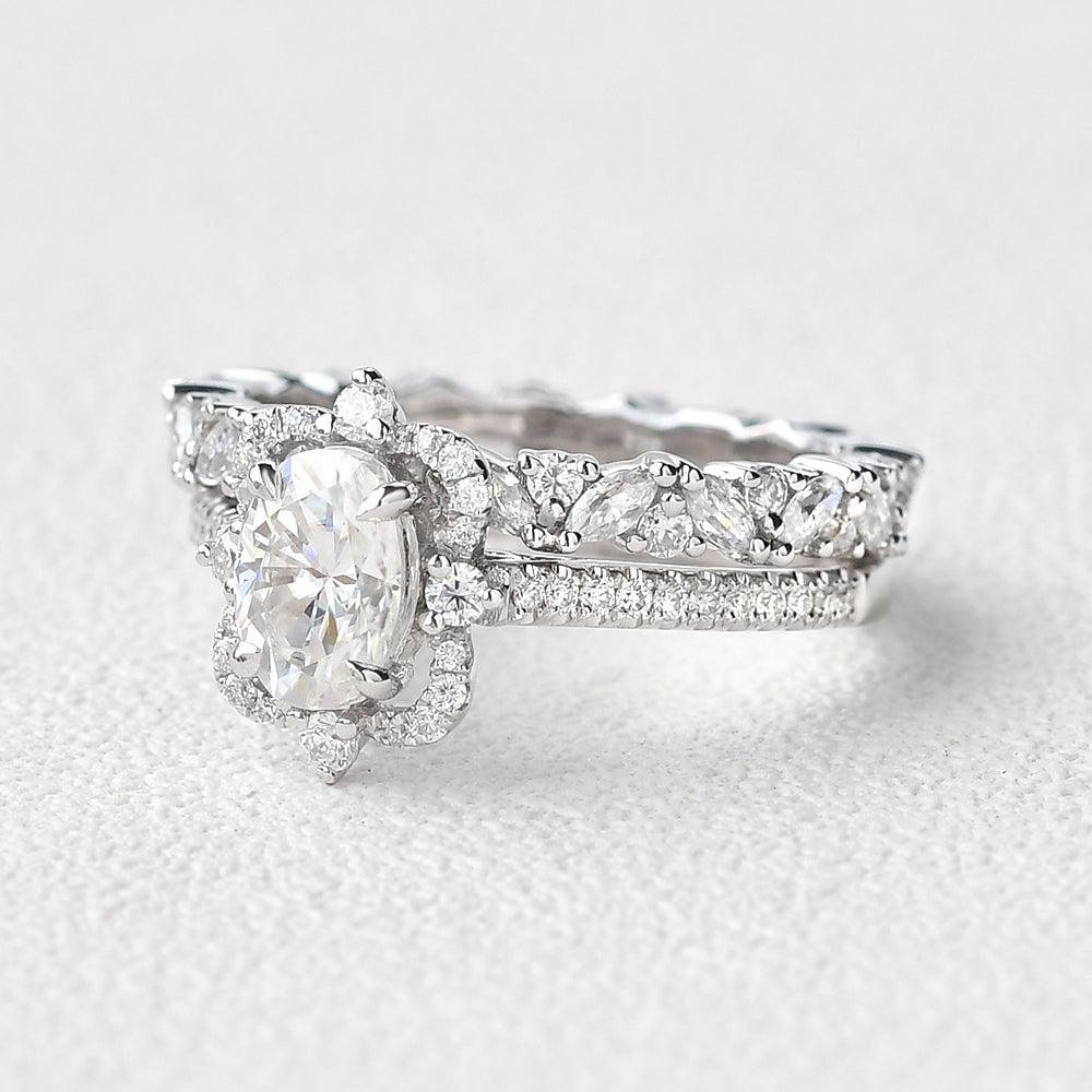 Oval Moissanite White Gold Antique Ring Set 2pcs - Felicegals