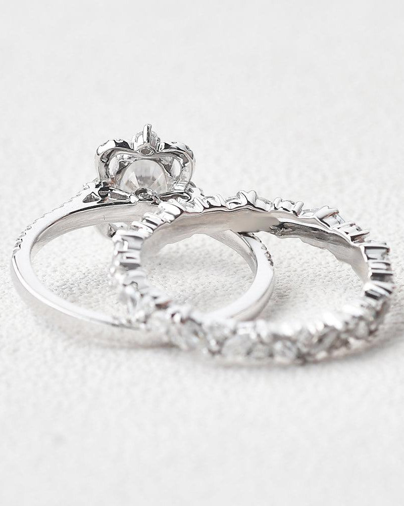 Oval Moissanite White Gold Antique Ring Set 2pcs - Felicegals