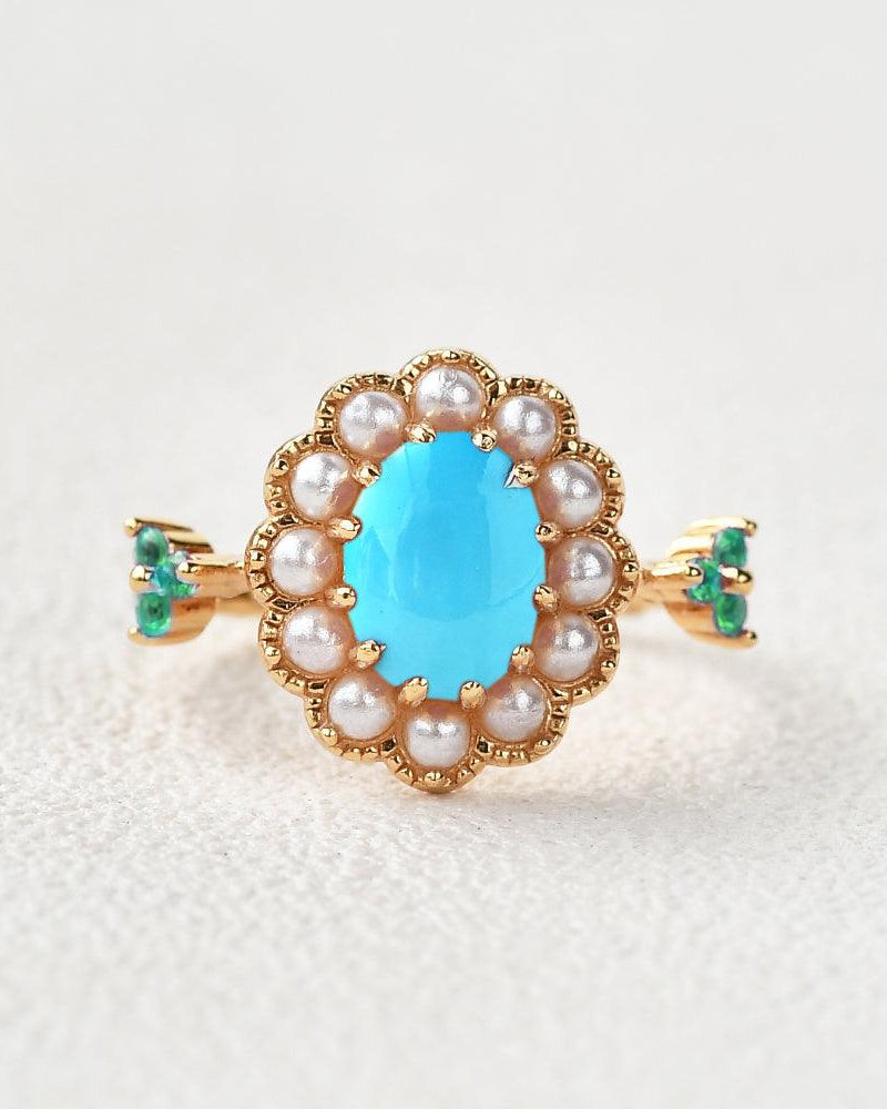 Oval-Shaped Halo Turquoise & Pearl & Lab Emerald Yellow Gold Ring - Felicegals 丨Wedding ring 丨Fashion ring 丨Diamond ring 丨Gemstone ring--Felicegals