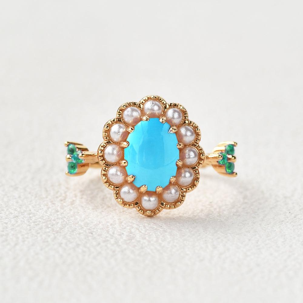 Oval-Shaped Halo Turquoise & Pearl & Lab Emerald Yellow Gold Ring - Felicegals 丨Wedding ring 丨Fashion ring 丨Diamond ring 丨Gemstone ring--Felicegals
