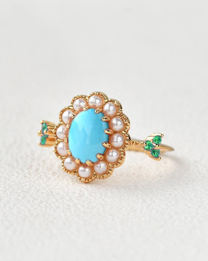 Oval-Shaped Halo Turquoise & Pearl & Lab Emerald Yellow Gold Ring - Felicegals 丨Wedding ring 丨Fashion ring 丨Diamond ring 丨Gemstone ring--Felicegals