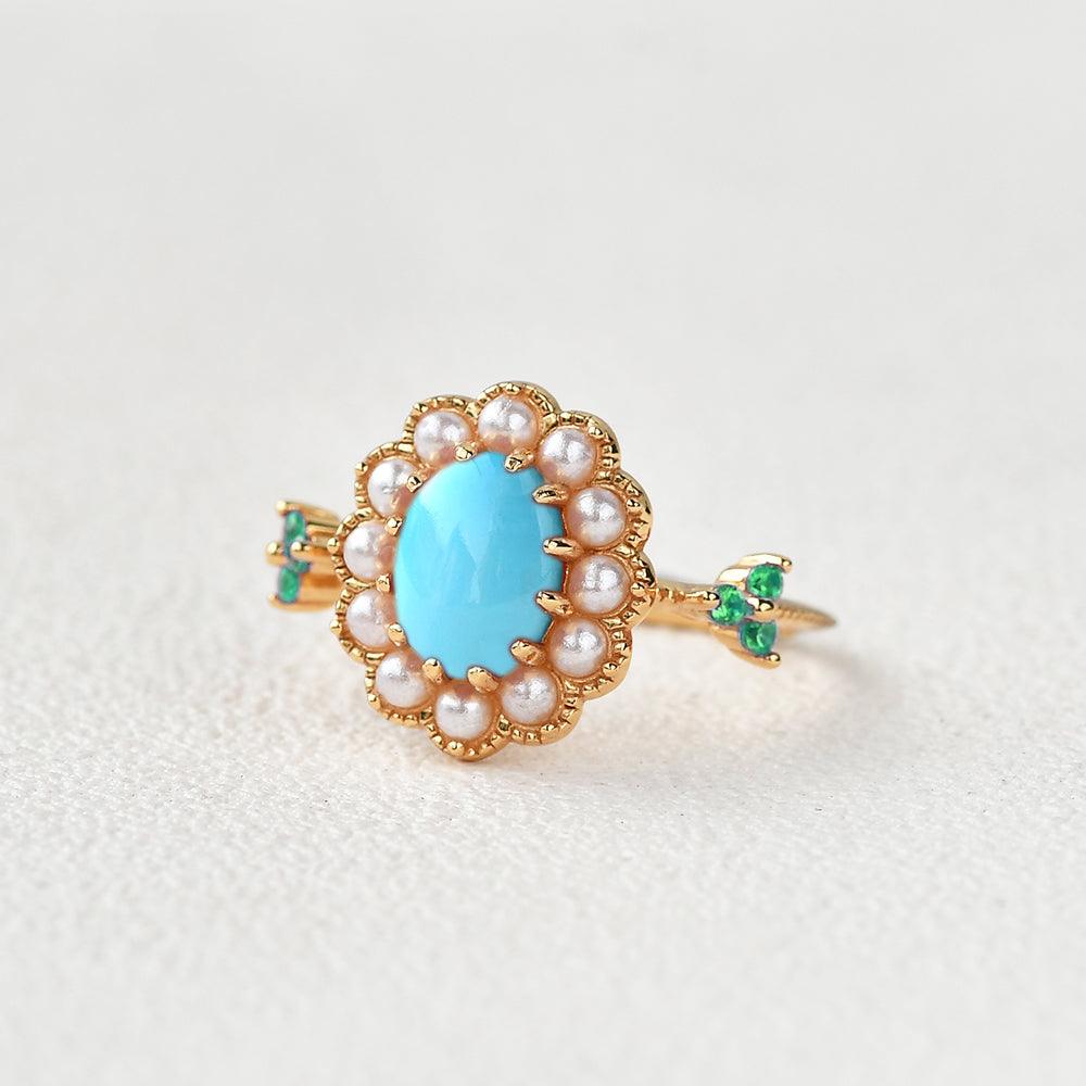 Oval-Shaped Halo Turquoise & Pearl & Lab Emerald Yellow Gold Ring - Felicegals 丨Wedding ring 丨Fashion ring 丨Diamond ring 丨Gemstone ring--Felicegals