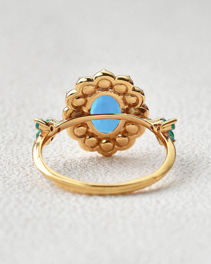 Oval-Shaped Halo Turquoise & Pearl & Lab Emerald Yellow Gold Ring - Felicegals 丨Wedding ring 丨Fashion ring 丨Diamond ring 丨Gemstone ring--Felicegals