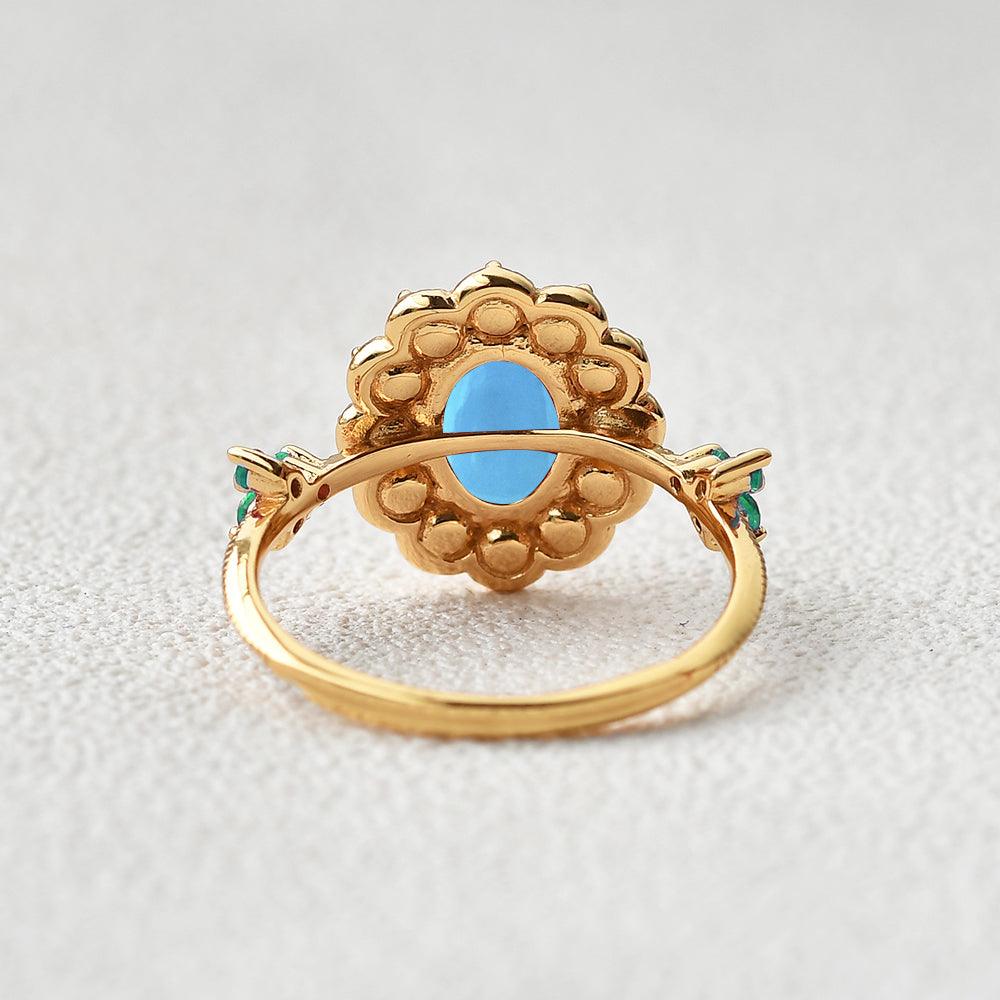 Oval-Shaped Halo Turquoise & Pearl & Lab Emerald Yellow Gold Ring - Felicegals 丨Wedding ring 丨Fashion ring 丨Diamond ring 丨Gemstone ring--Felicegals