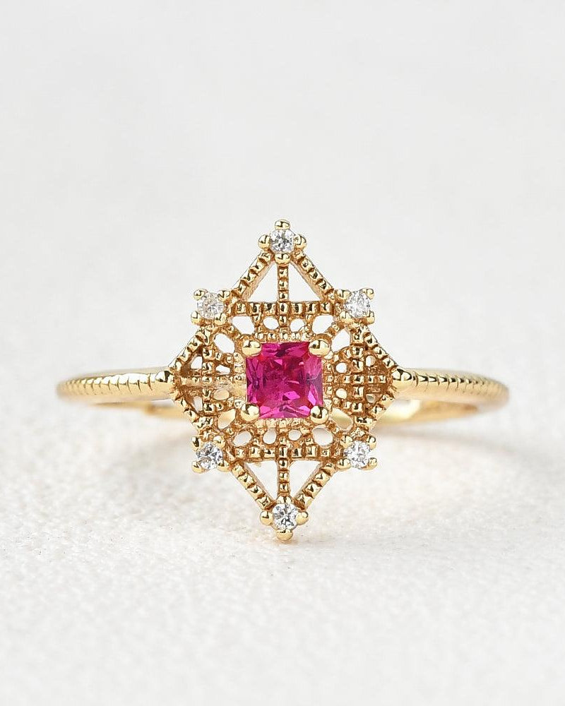 Art-Deco Lab Ruby & Moissanite Yellow Gold Ring - Felicegals 丨Wedding ring 丨Fashion ring 丨Diamond ring 丨Gemstone ring--Felicegals
