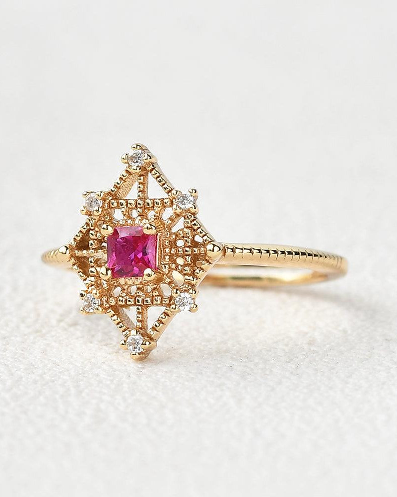 Art-Deco Lab Ruby & Moissanite Yellow Gold Ring - Felicegals 丨Wedding ring 丨Fashion ring 丨Diamond ring 丨Gemstone ring--Felicegals
