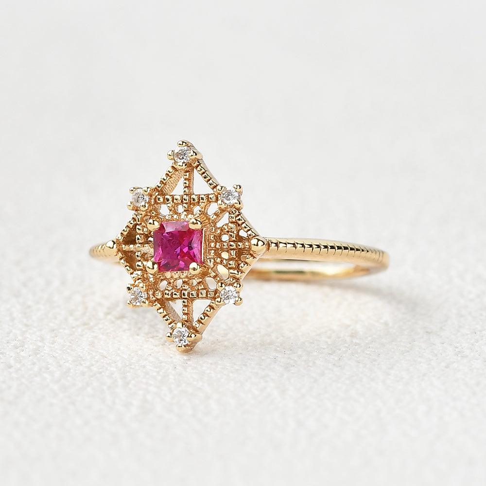 Art-Deco Lab Ruby & Moissanite Yellow Gold Ring - Felicegals 丨Wedding ring 丨Fashion ring 丨Diamond ring 丨Gemstone ring--Felicegals