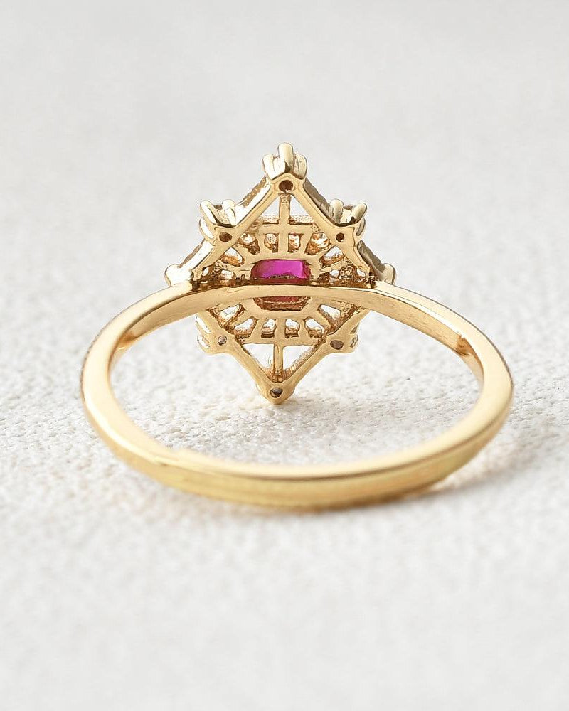 Art-Deco Lab Ruby & Moissanite Yellow Gold Ring - Felicegals 丨Wedding ring 丨Fashion ring 丨Diamond ring 丨Gemstone ring--Felicegals