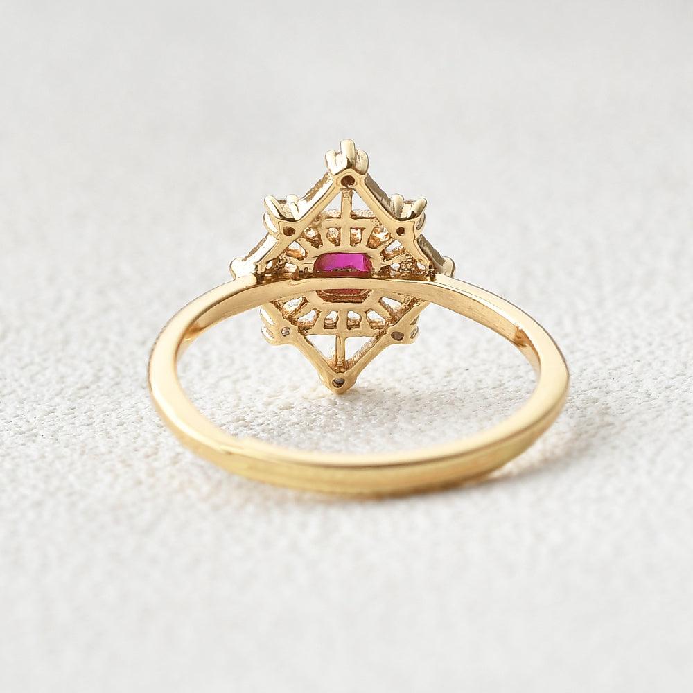 Art-Deco Lab Ruby & Moissanite Yellow Gold Ring - Felicegals 丨Wedding ring 丨Fashion ring 丨Diamond ring 丨Gemstone ring--Felicegals