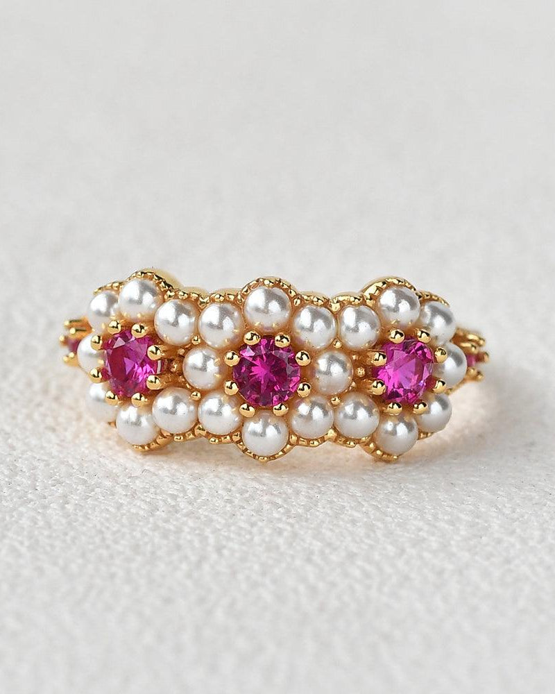 Lab Ruby & Pearl Vintage Yellow Ring - Felicegals 丨Wedding ring 丨Fashion ring 丨Diamond ring 丨Gemstone ring--Felicegals