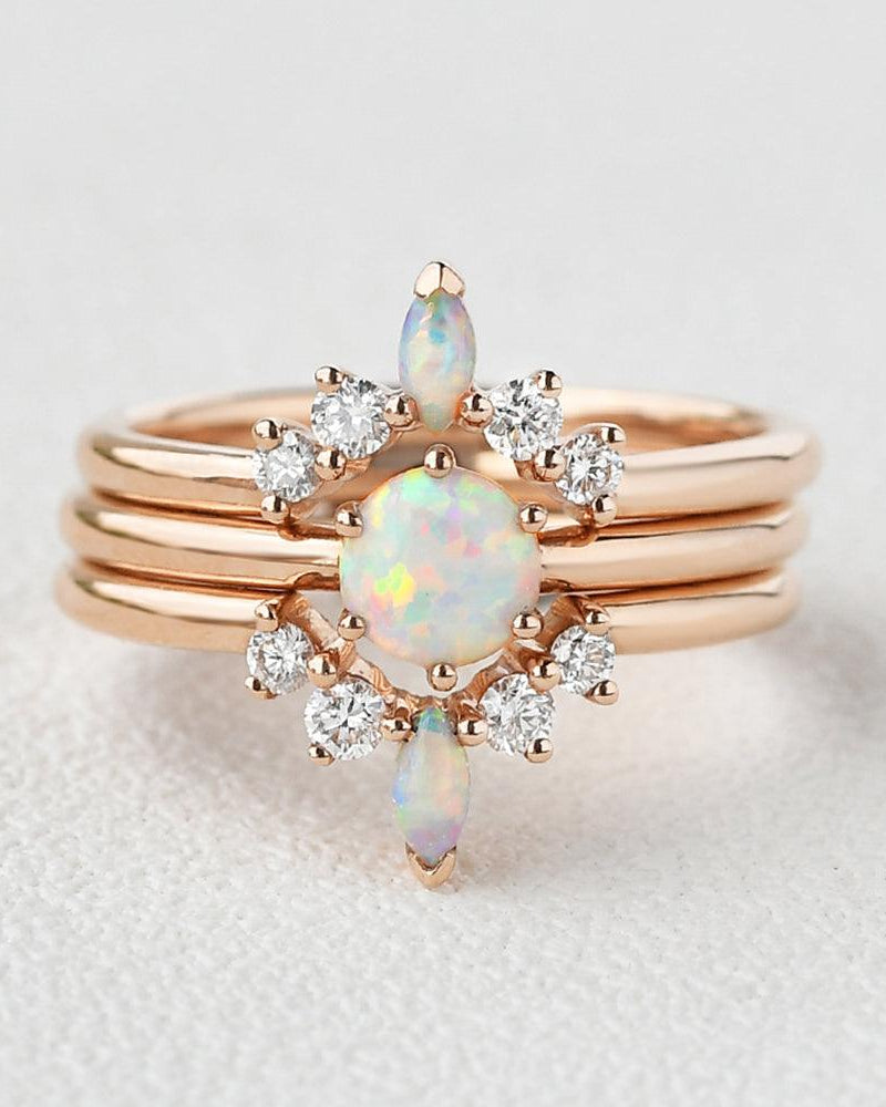 Lab Opal & Moissanite Vintage Inspired Ring Set 3pcs - Felicegals