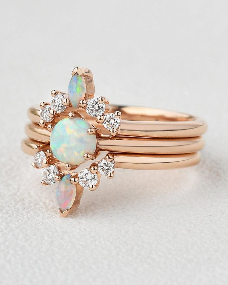 Lab Opal & Moissanite Vintage Inspired Ring Set 3pcs - Felicegals