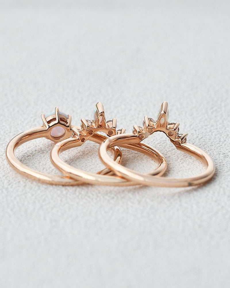 Lab Opal & Moissanite Vintage Inspired Ring Set 3pcs - Felicegals