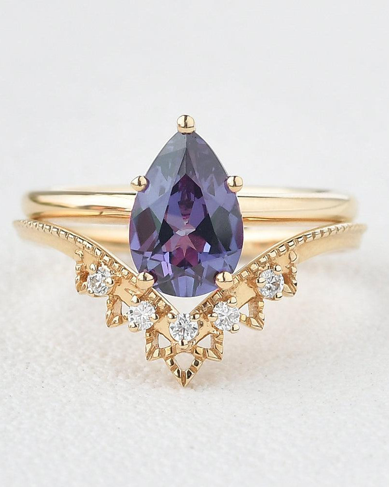 Alexandrite & Moissanite Chevron Ring Set 2pcs - Felicegals