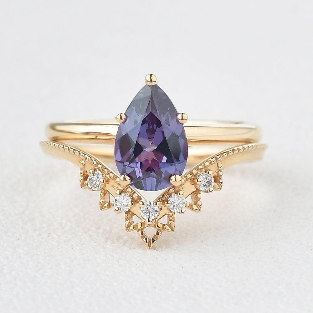 Alexandrite & Moissanite Chevron Ring Set 2pcs - Felicegals