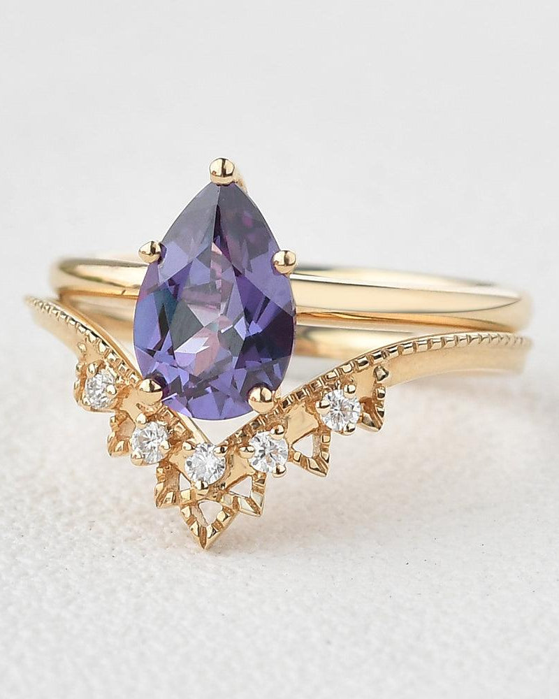 Alexandrite & Moissanite Chevron Ring Set 2pcs - Felicegals