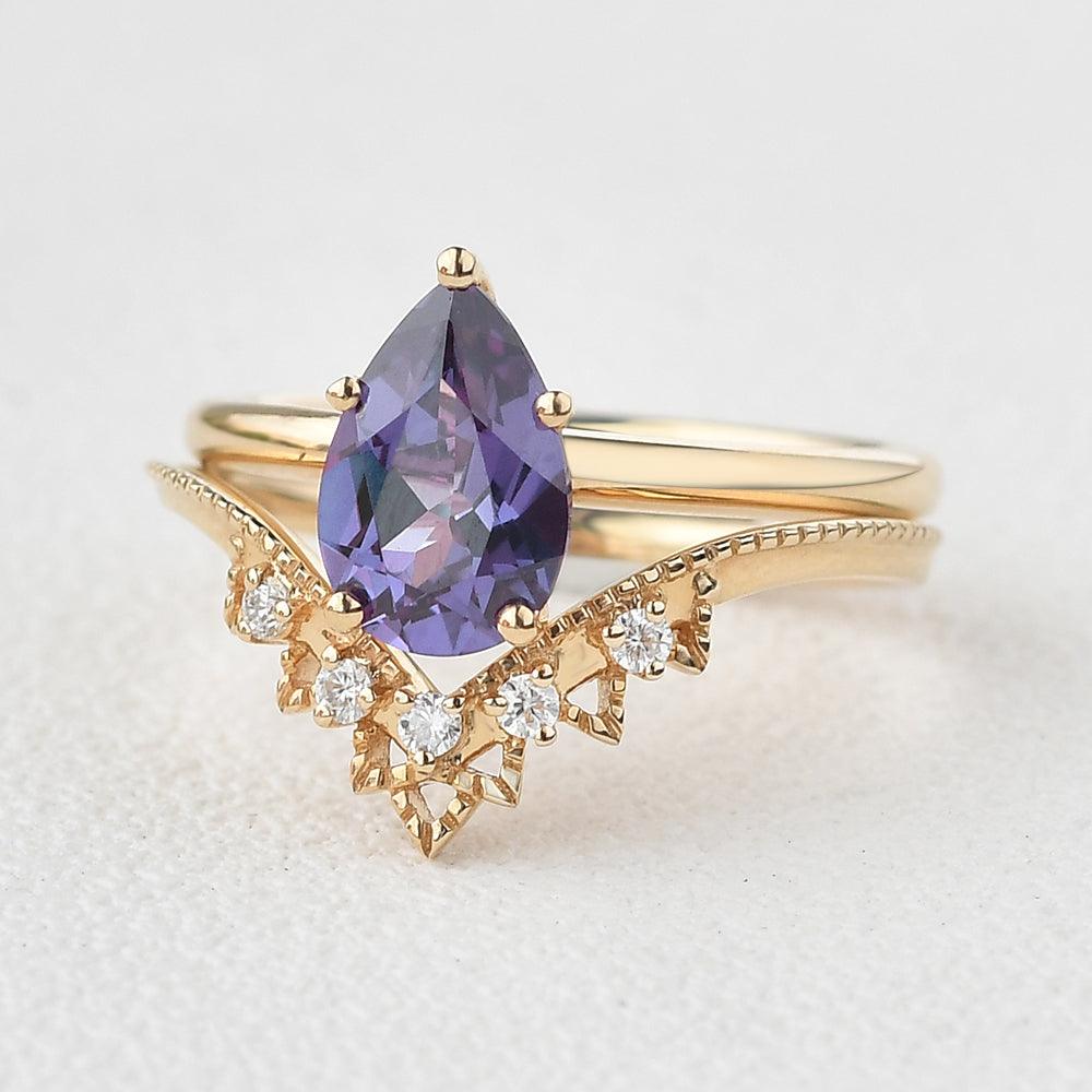 Alexandrite & Moissanite Chevron Ring Set 2pcs - Felicegals