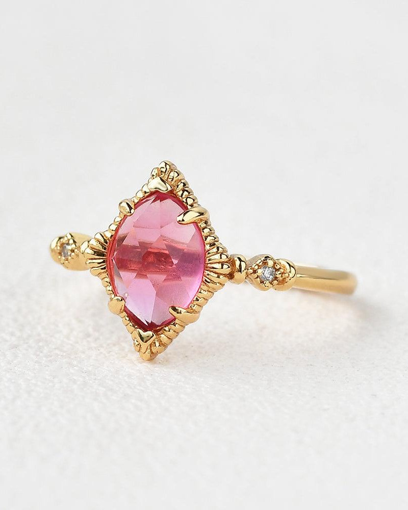 Marquise Lab Ruby Vintage Yellow Gold Ring - Felicegals 丨Wedding ring 丨Fashion ring 丨Diamond ring 丨Gemstone ring--Felicegals