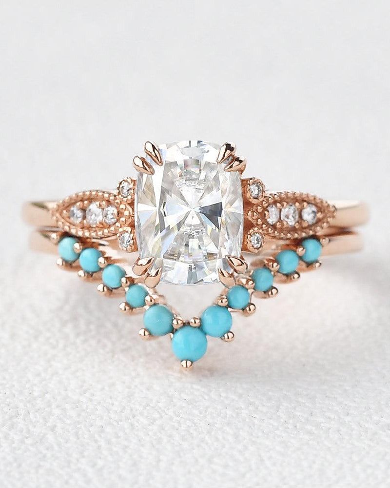 Moissanite & Turquoise Vintage Inspired Ring Set 2pcs - Felicegals