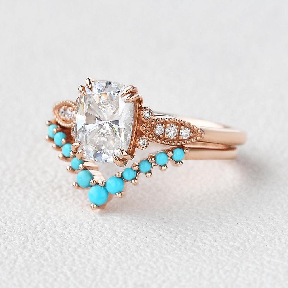 Moissanite & Turquoise Vintage Inspired Ring Set 2pcs - Felicegals