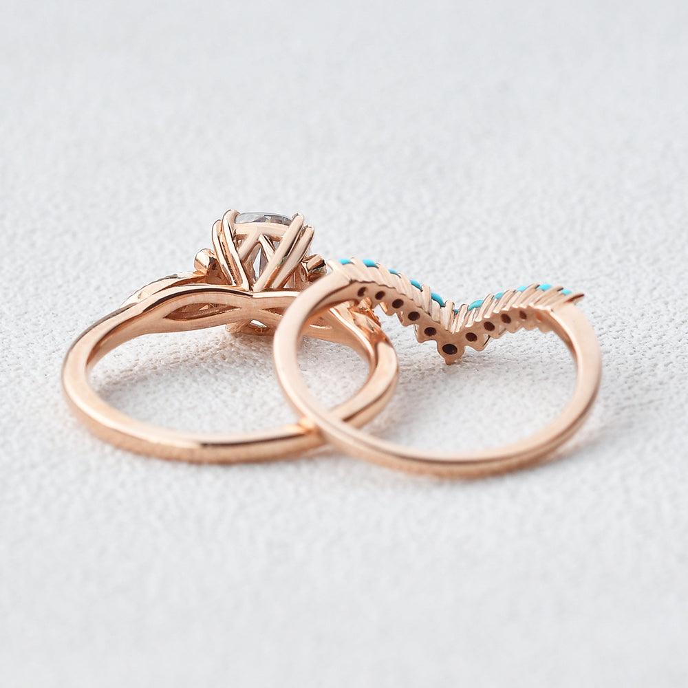 Moissanite & Turquoise Vintage Inspired Ring Set 2pcs - Felicegals