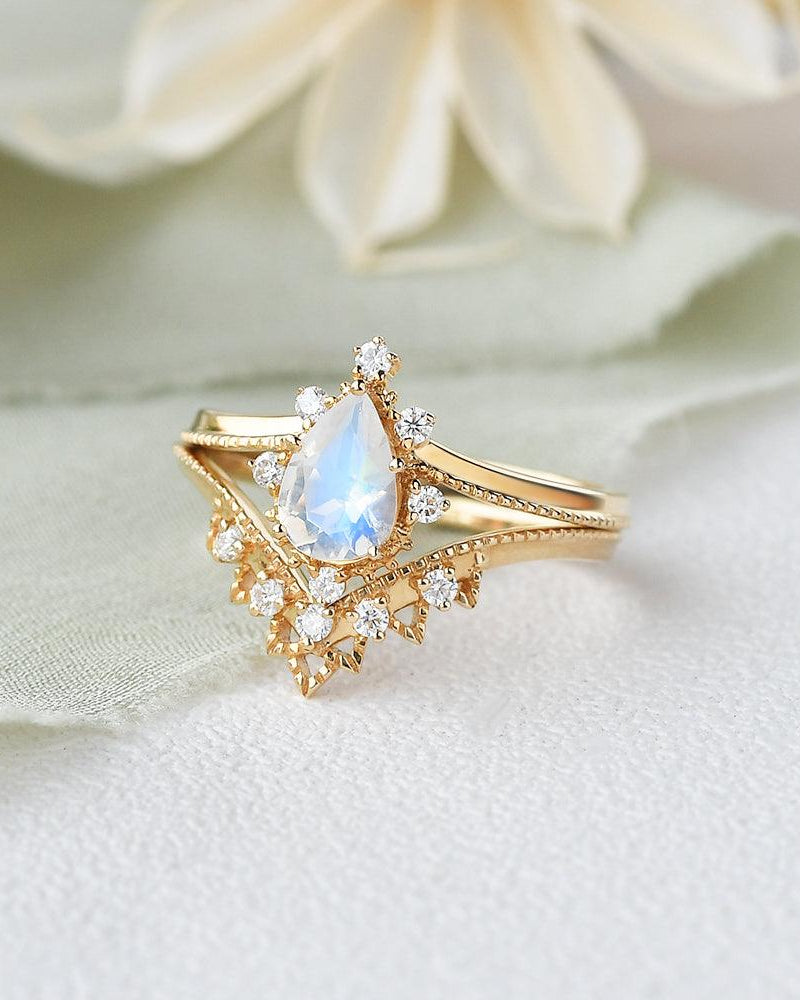Moonstone & Moissanite Chevron Ring Set 2pcs - Felicegals