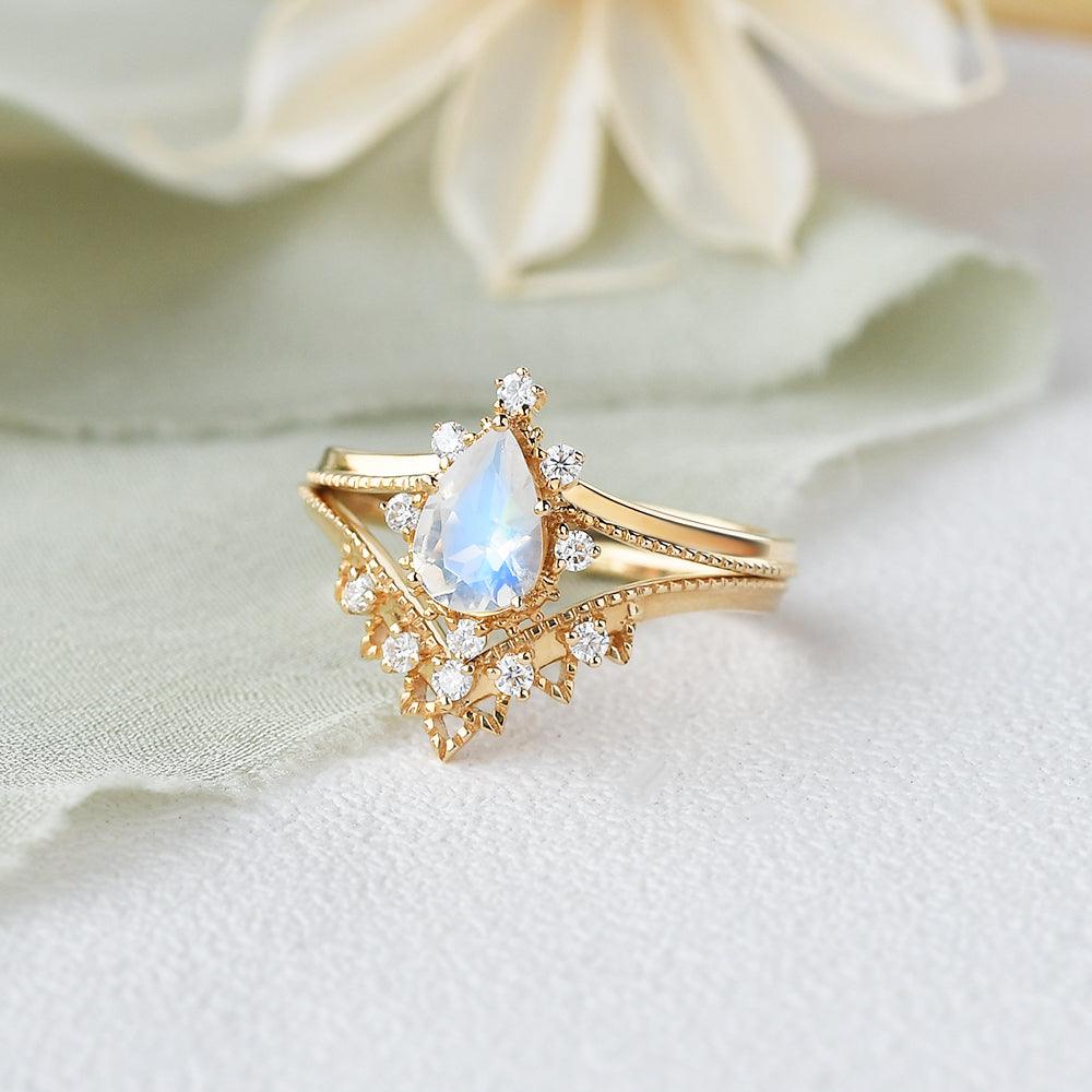 Moonstone & Moissanite Chevron Ring Set 2pcs - Felicegals